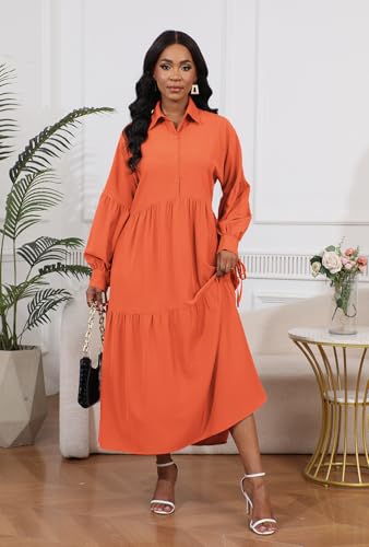 Image of Women's Long Sleeve Maxi Shirt Dress Elegant Button Down Loose Swing Party Dress