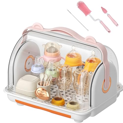 Image of Nollapo Baby Bottle Drying Rack Storage with 3 Brush, Nursing Bottle Storage Box Organizer with Cover, Portable Kitchen Cabinet Organizer, Durable countertop Dryer (Orange)
