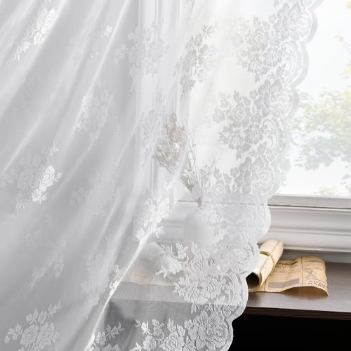 Kotile Lot de 2 rideaux en dentelle blanche pour fenêtres de 183 cm, rideaux rustiques brodés à bords festonnés avec passe-tringle, rideaux vintage en...