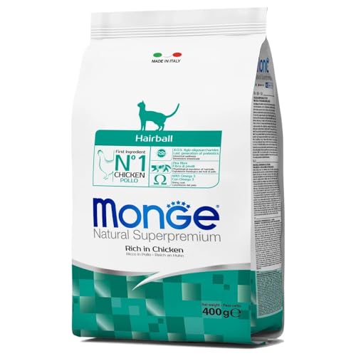 Monge Narural Superpremium Hairball Chicken, Trockenfutter für Katzen (Katzenfutter aus Huhn, mit XOS (Xylo-Oligosaccharide), Omega-3-Quelle, schmackhafte Rezeptur, vermeidet Haarbälle, 400 g)