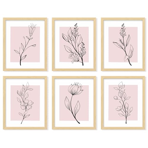 97 Decor Pink Botanical Wall Art - Pink Flower Wall Art Blush Floral Prints, Minimalist Plant Line Art Poster, Light Pink Flower Pictures Wall Decor, Botanical Artwork for Bedroom (8x10 Unframed)