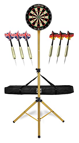 Stagecaptain DBS-1715 Bullseye Pro Dartscheibe Komplett Set - Profi Steeldartscheibe aus Sisal - höhenverstellbarer Dartständer in Gold mit Tasche - 6 Dartpfeile und 4 Sets Flights Stagecaptain DBS-1715 Bullseye Pro Dartscheibe Komplett Set - Profi Steeldartscheibe aus Sisal - höhenverstellbarer Dartständer in Gold mit Tasche - 6 Dartpfeile und 4 Sets Flights