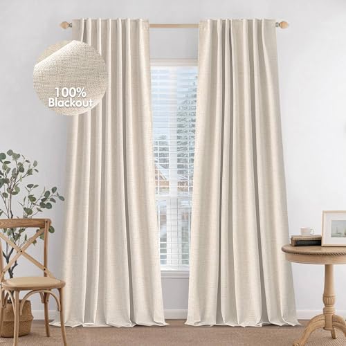 Image of MIULEE 100% Blackout Curtains 90 inches Long Linen Curtains & Drapes for Bedroom Back Tab Living Room Darkening Full Black Out Window Curtain Panels Rod Pocket, Natural Beige, 2 Panels Set