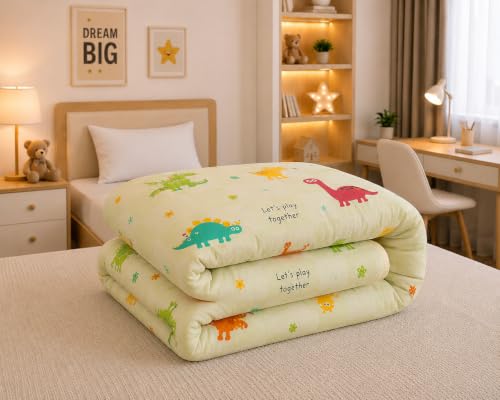 Image of Filymore Green Dino Elastic Fitted 3-Piece Kids Bedding Set - Single Bed Comforter with Matching Fitted Single Bedsheet & Pillow Cover - Soft Design for Children's Room(Peach and White)(90X60) inch