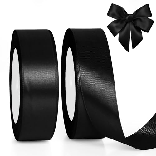 GXFCING Geschenkband Schwarz 25mm Breit 46 Meters Satinband Schleifenband Schwarz Ribbon für Geschenkverpackung Bastelarbeiten Weihnachten Geburtstag Taufe Hochzeit