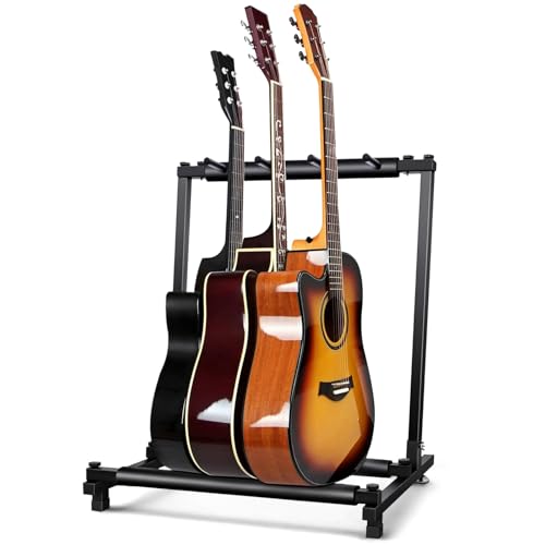 KEEVEEK ギタースタンド 3本収納 折りたたみ式 転倒防止用ゴム付属 楽器本体に傷が付くのを防ぎます安定耐久 収納しやすい ブラケット (アコギ/ウクレレ/クラシック/エレキ/ベース/管楽器 対応スタンド) 最新型 (3本収納)