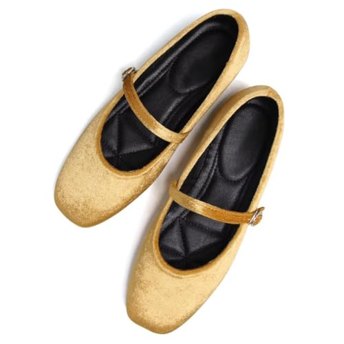 Stunner Velvet Flats for Women Women's Mary Jane Shoes Retro Square Toe Ballet Flats Comfortable Buckle Strap Flat Shoes Gold 42(9.5) 2