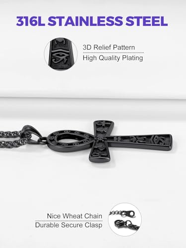 Stainless Steel/Gold/Black Plated Ankh Cross Pendant Necklace for Men Women with Wheat Chain Religious Jewelry(with Gift Box)3