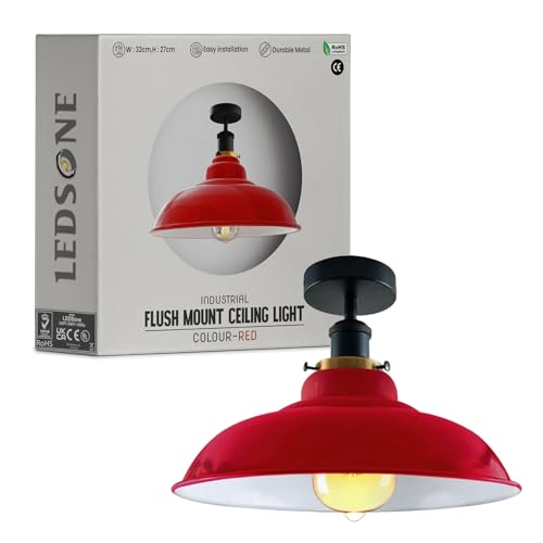 LEDSone Industrial Vintage Semi Unterputz Deckenbeleuchtung Deckenlampe Metall Schüssel Form Downlight Rot Lampenschirm Wohnzimmer Innen Dekoration E27 Sockel (rot)