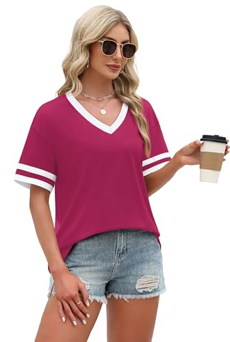 Image of WIHOLL Womens T Shirts Loose Fit Short Sleeve Tees V Neck Color Block Summer Tops 2026 Fashion S-4XL