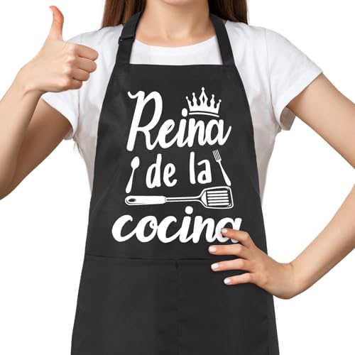 Halinuia Avental de cozinha mulher ajustável aventais de cozinha com bolso impermeáveis aprons preto avental para mãe, esposa, avó, namorada, Preto