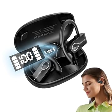 H'MASTON Fone de Ouvido Bluetooth Fone Sem Fio Esportivo com Microfone para iPhone Samsung Android Tela de LED RS-51 (Preto)