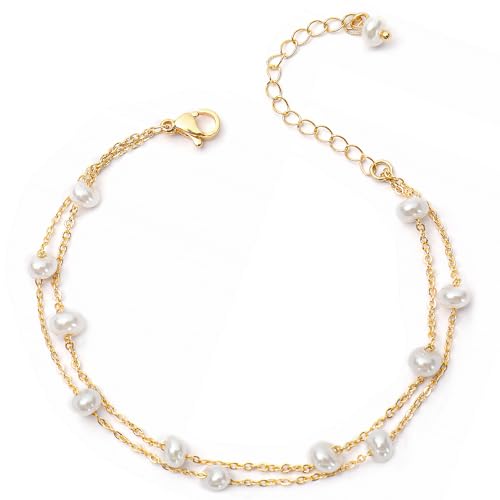 Gold Pearl Bracelets for Women - Dainty 14K Gold Plated Pearls Bracelet Trendy Beaded Chain Jewelry Gifts for Women