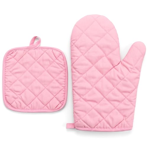 Oven Mitts and Pot Holders Sets, 2 Pcs Heat Resistant 500 °F, Extra Thicken Long Kitchen Cotton Oven Mitt Pot Holder for Cooking Baking Grilling (Pink)