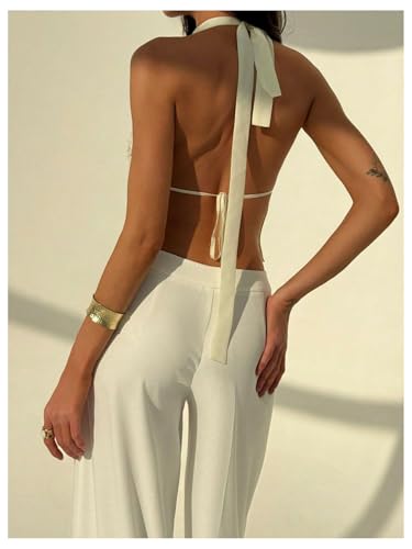 MakeMeChic Women's Floral Textured Halter Top Sleeveless Tie Back Elegant Cami Crop Tops3