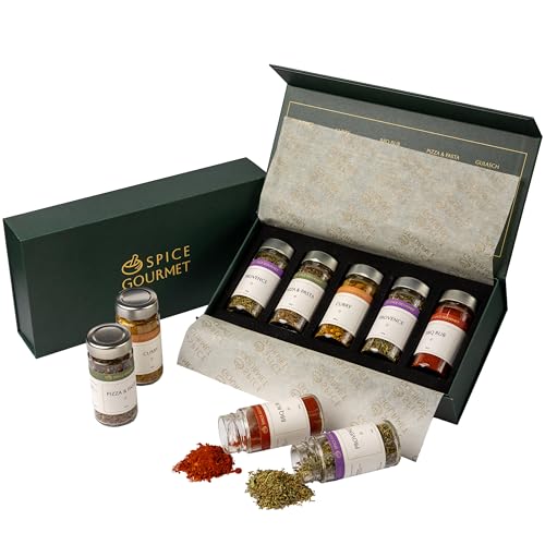 Spice Gourmet® Gewürz Geschenkset – 5 Vegane Gewürzmischungen im Glas – BBQ Rub, Curry, Gulasch, Kräuter – Geschenk für Männer, Frauen & Feinschmecker – Weihnachten & Geburtstag
