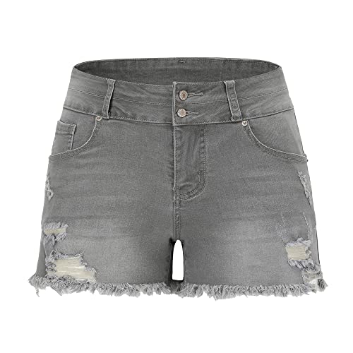 Image of THUNDER STAR Women Mid Rise Ripped Stretchy Jeans Shorts Frayed Raw Hem Casual Denim Shorts