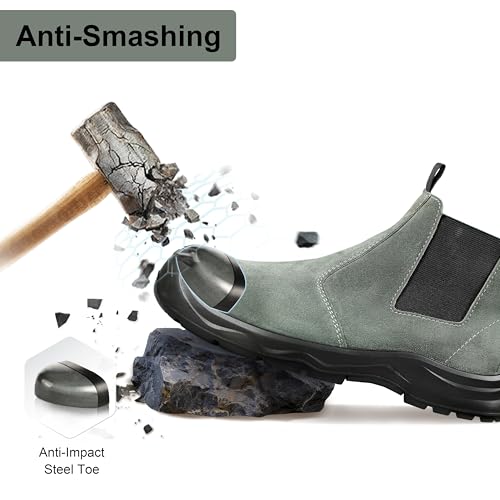 Men‘s Women’s 6in Mid-top Steel Toe Work Boots, Slip-On Chelsea Style, Tumbled Leather Uppers, Non-Slip Outsoles, Toe Protection, No Lace (Gray)3