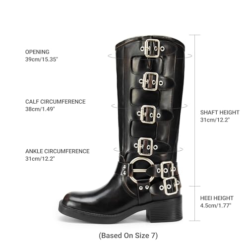 DREAM PAIRS Women's Knee High Riding Boots Side Zipper Motorcycle Boots Square Toe Chunky Heel Fashion Buckles Biker Boots,Size 8,Black/Brown,SDKB2416W
