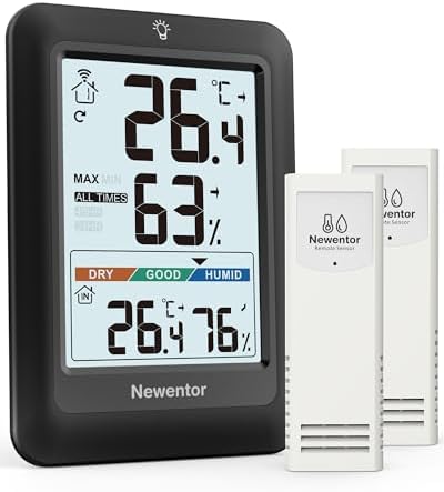 Newentor Thermometer innen außen MAX MIN 24/48 Std | Große Ziffern für einfaches Ablesen, Wetterstation Funk mit Außensensor mit Luftkomfort, Schwarz, 2 Außensensoren.
