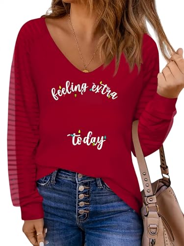 ALIREVERIE Women Christmas Long Sleeve V Neck Striped Top Santa Hat M