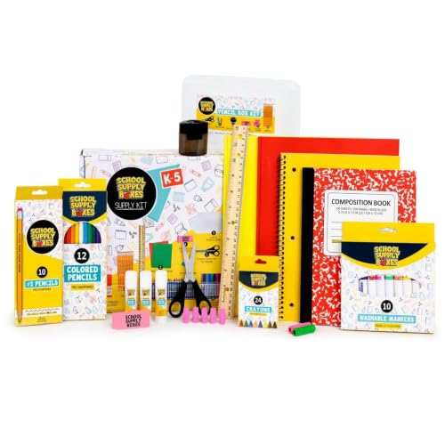 Back to School Supply Box Grades K-5 - School Supply Boxes - 32 Piece School Supplies Kit Includes Markers, Crayons, Pencils, Scissors, Folders, Glue Sticks, Notebook, and Composition Book