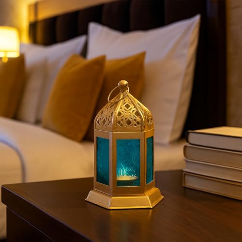 Image of MARKET 99 Moroccan Lantern Candle Holder | Metal & Glass Tealight Lantern | Golden & Blue Decorative Lamp | Home Decor for Living Room, Table & Dinner Setup | (Use LED T-Light only)