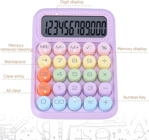 Image of Colorful Candy Mechanical Calculator - Cute 12 Digit Large LCD Display, Big Round Button, Easy to Press - for School, Office, Business, Home - Automatic Sleep (Multi-Color)