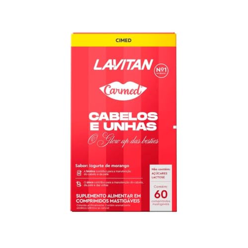 Lavitan Carmed O Glow Up das Besties Cabelos e Unhas Sabor Iogurte de Morango 60 Comprimidos Mastigáveis