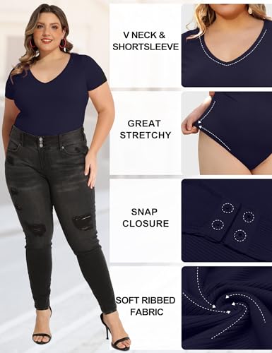 Image of COOTRY Plus Size Short Sleeve Bodysuits for Women V Neck Body Suit Tops Basic One Piece Bodysuit T Shirt
