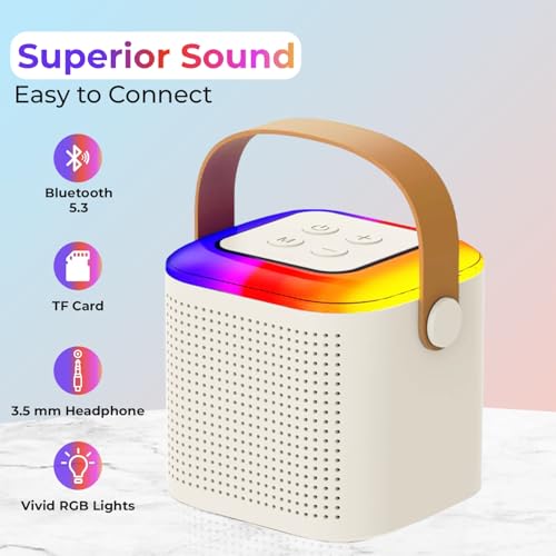 Image of Humble Kroko Series Mini Bluetooth Wireless Karaoke Speaker with 2 Mics, 8Hrs Playtime, RGB Lights (BT 5.3 /TF Card), Voice Effects, Multi-Play Modes,Type-C Charging for Kids & Home Parties - Cream