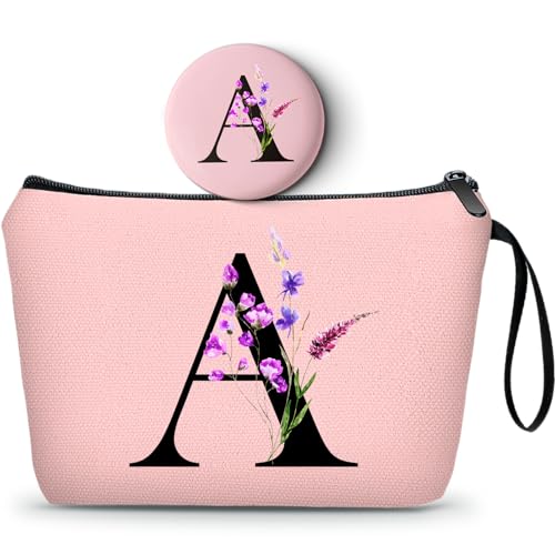 A-Z Personalized Gifts for Women, Pink Initial Makeup Bag with Mirror, A