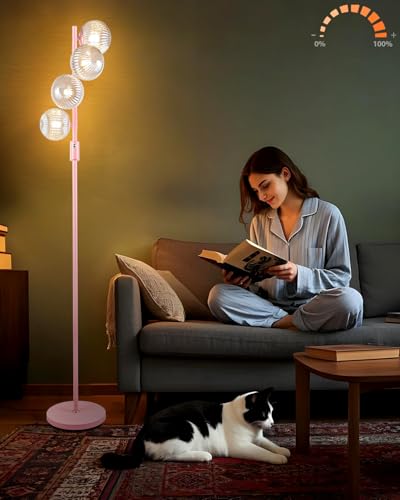 Image of Lightdot 64IN Dimmable Floor Lamp with Globe Clear Glass Shade, Modern Pink Standing Lamps with 4PCS 3000K Bulbs Included,LED Floor Lamp with 5Lbs Heavy Base for Living Room Bedroom / /Sofa Beside