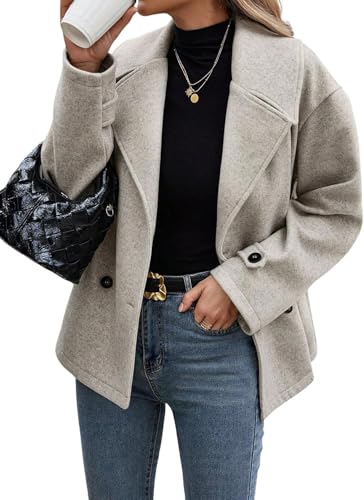 Lazutom Chaqueta de lana corta con solapa para mujer, estilo peacoat, de invierno, estilo cruzado, de doble solapa, de ajuste suelto, chaqueta de vestir, gris claro, S