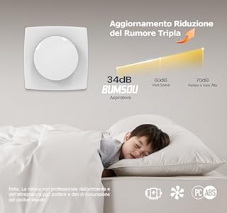 BUMSOU Aspiratore Bagno 100mm con Interruttore, 130m³/h Estrattore Aria Silenzioso e Potente, Migliorato Risparmio Energetico Ventilatore, IPX4, Ideale Ventola Aspirazione Bagno Cucina Garage Cantina