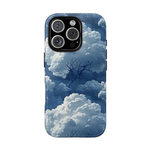 Coque iPhone 16 Pro rigide bleu motif nuage arbre 3D anti rayures