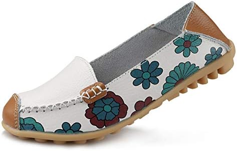 Ablanczoom Womens Comfortable Leather Floral Print Flats Casual Driving Loafers Walking Shoes for Women