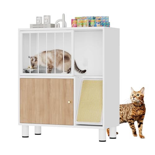 Dog Proof Cat Feeding Station Metal Cat Feeding Station with Scratching Board Raised Bowls for Indoor Cats Elevated Food Bowls with Stand Pet House Furniture (Metal White)