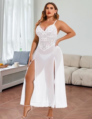 Image of Avidlove Plus Size Lingerie for Curvy Women Long Lace Babydoll Nightdress | V neck sheer mesh nightgown,g-string included,high side slits,adjustable straps,curve-flattering fit,maternity photoshoot