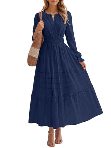 Women's Fall Maxi Dress Long Sleeve V Neck A Line Tiered Flowy Ruffle Boho Dress for Wedding Guest Cocktail Party