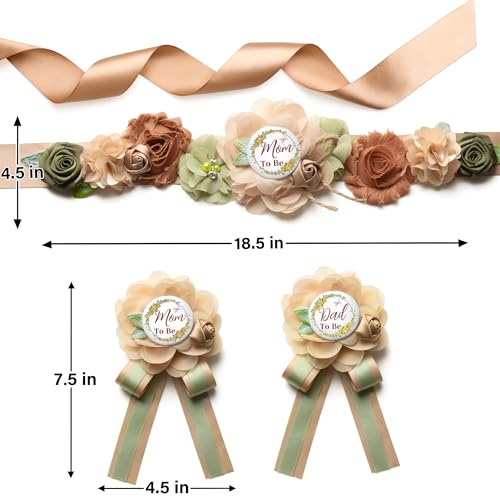 Image of Baby Shower Maternity Sash Belly Belt-Pink Flower Sash Set Mom to Be & Dad to Be Corsage Pins for Gender Reveal