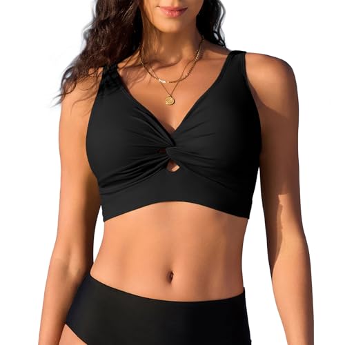 Zando Bikinioberteile Für Damen Bikini Oberteil Mit Bügel, Sportlich Bikini Top, Bathing Suit for Beach Holiday 2025, Knoten Twist Hollow Cut Verstellbare Tank Badeanzüge, Schwarz, M