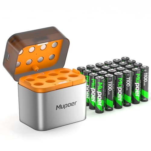 Mupoer Rechargeable AAA Batteries with Box 24 Pack,Battery Box for AA/AAA Rechargeable Battery,Triple AAA NiMH Solar Batteries 1100mAh 1.2V,Pilas Recargables,Removable Fast Charging Box for Lithium