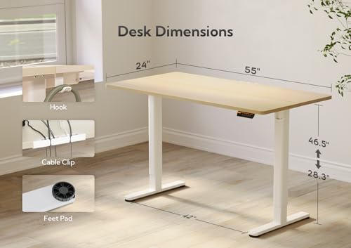 Claiks Electric Standing Desk, Adjustable Height Stand up Desk, 55x24 Inches Sit Stand Home Office Desk with Splice Board, White Frame/Nature Top