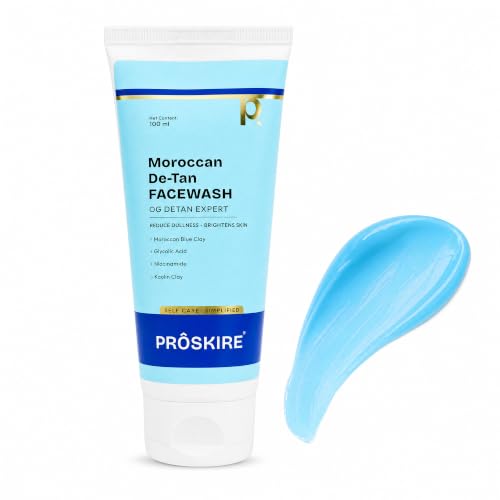 Image of Proskire Moroccan De-Tan Face Wash 100ml | Removes Tan, Reduces Dullness & Brightens Skin | With Moroccan Blue Clay, Glycolic Acid, Niacinamide & Kaolin Clay | Deep Cleansing Face Wash for All Skin Types 100ml