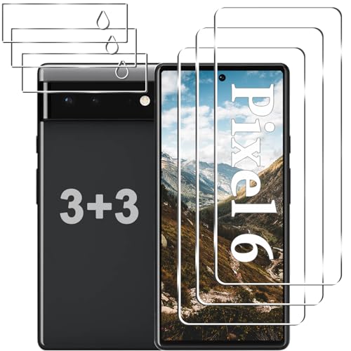 [3+3 Pack] Pixel 6 Screen Protector + Camera Lens Protector HD Tempered Glass Film Fingerprint Unlock Anti-Scratch Easy Installation Bubble Free 9H Glass Screen Protector for Google Pixel 6 5G