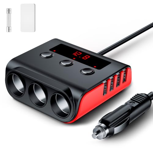 Image of 7 in 1 Cigarette Lighter Splitter, SONRU 3 Sockets Cigarette Lighter Splitter with 4 Fast Charging USB Ports, 120W 12V /24V DC Independent Power Switches & LED Voltage Display for All Car Devices