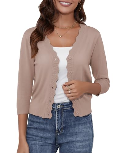 Image of Women's Cropped Cardigans 3 /4 Sleeve Button Down Lightweight Cardigan Sweaters Scalloped Edged Bolero Shrugs