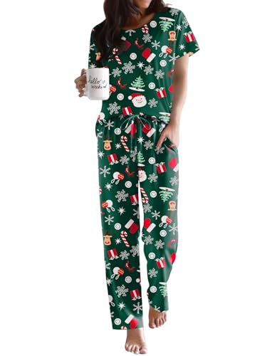 Image of Ekouaer Pajama Sets for Women Round Neck Pjs Short Sleeve Sleepwear with Long Pants Loose Lounge Sets Green Christmas X-Large