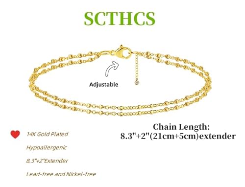 SCTHCS 14K Gold Plated Dainty Layered Ankle Bracelet for Women – Waterproof Bead Chain Set – Trendy Non-Tarnish Summer Jewelry Gift - Image 5